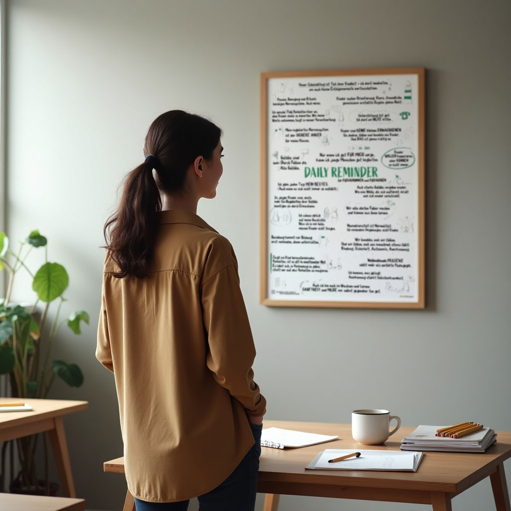 Lehrerin steht vor dem Daily Reminder Poster und betrachtet es nachdenklich in einem hellen Raum